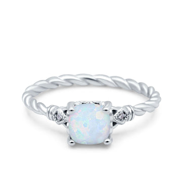 Art Deco Cushion Three Stone Wedding Bridal Ring Lab Created White Opal 925 Sterling Silver